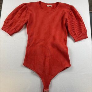 And The Why Puff Sleeve Bodysuit Women’s M/L Orange Ribbed Square Neck Top